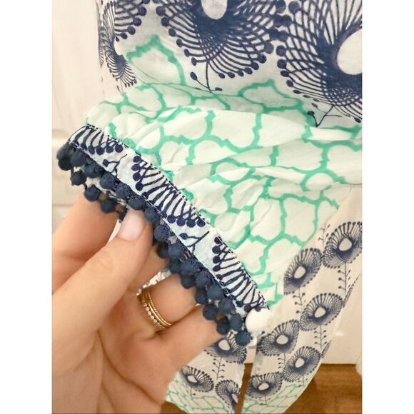 Nimo Blue White Pom Pom Embroidered Cotton Silk Dress Size Large - Picture 5 of 8